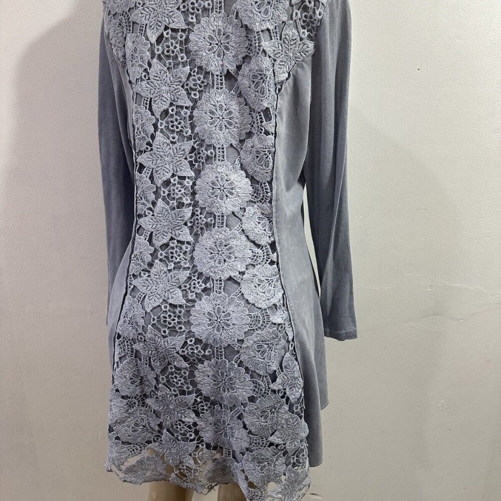 Feratelli Women's Boho Art Top Gray Long Sleeve Tunic Style Lace Crochet SZ M - Picture 2 of 16